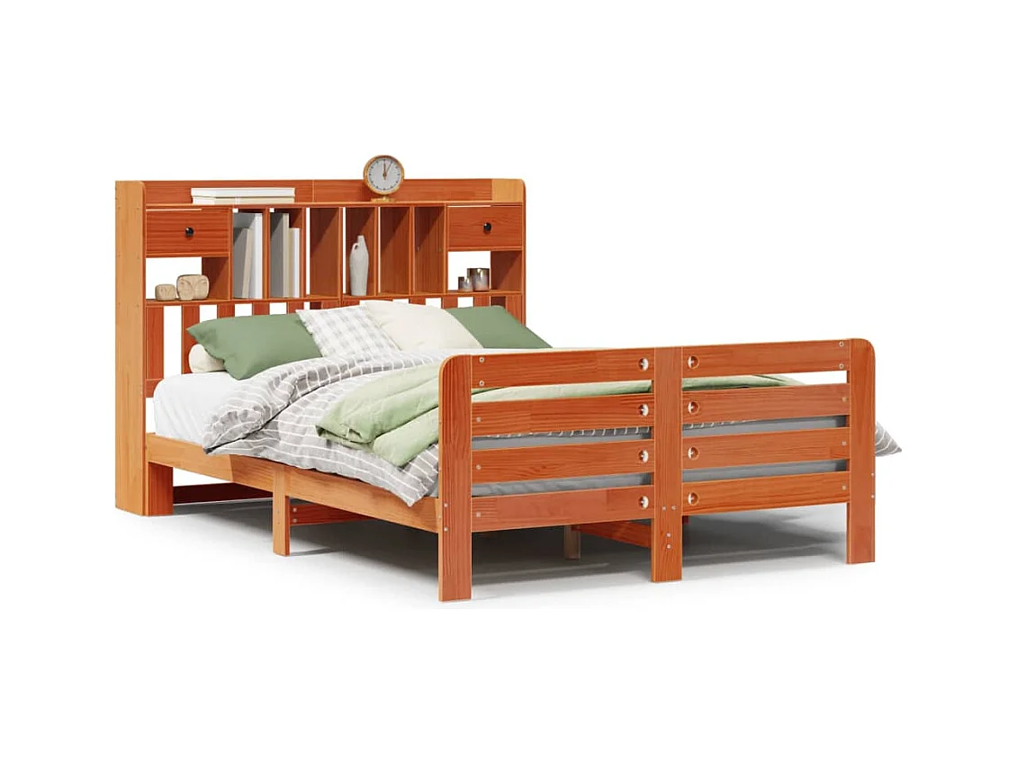 Lit bibliothèque sans matelas cire marron 140x190 cm pin massif
