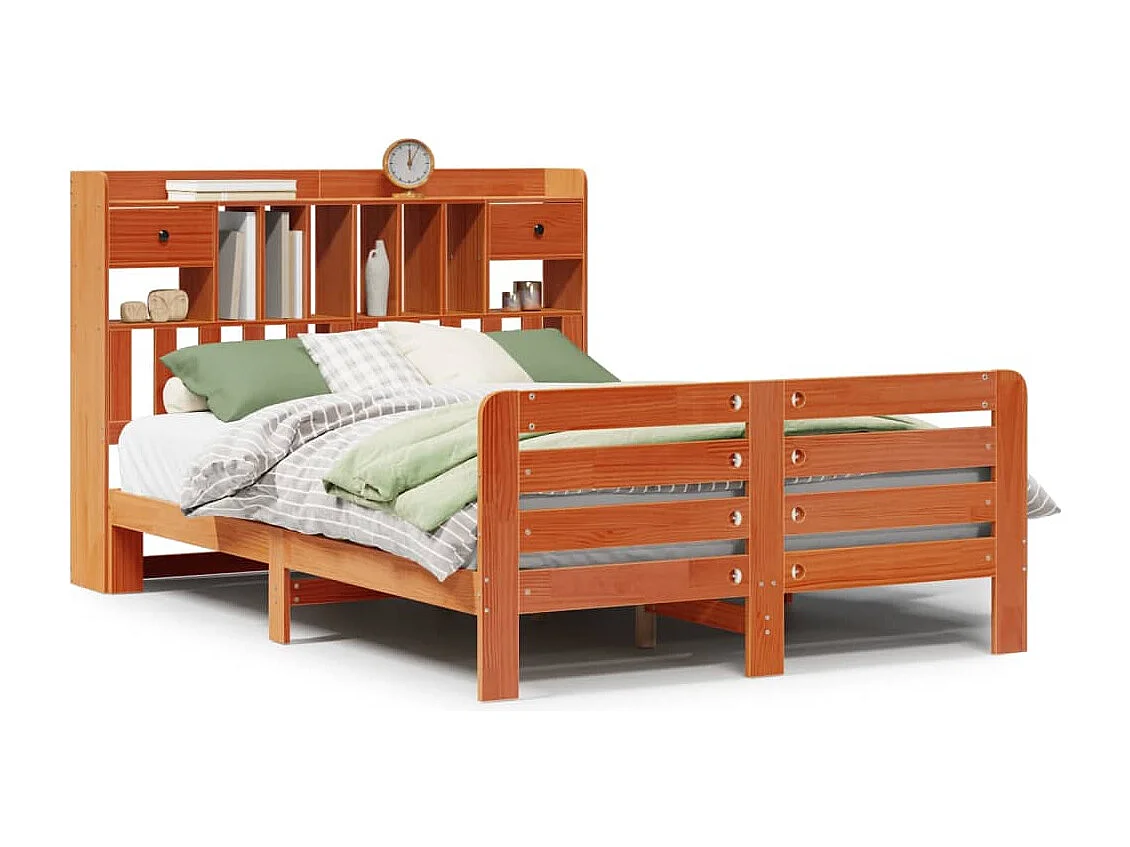 Massivholzbett mit Regal ohne Matratze Wachsbraun 140x190 cm