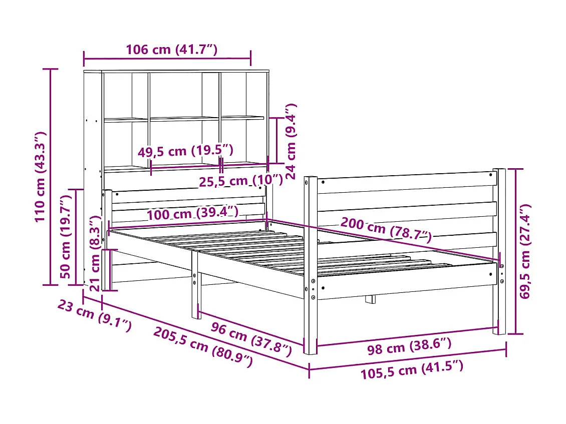 Massivholzbett mit Regal ohne Matratze 100x200 cm Kiefer