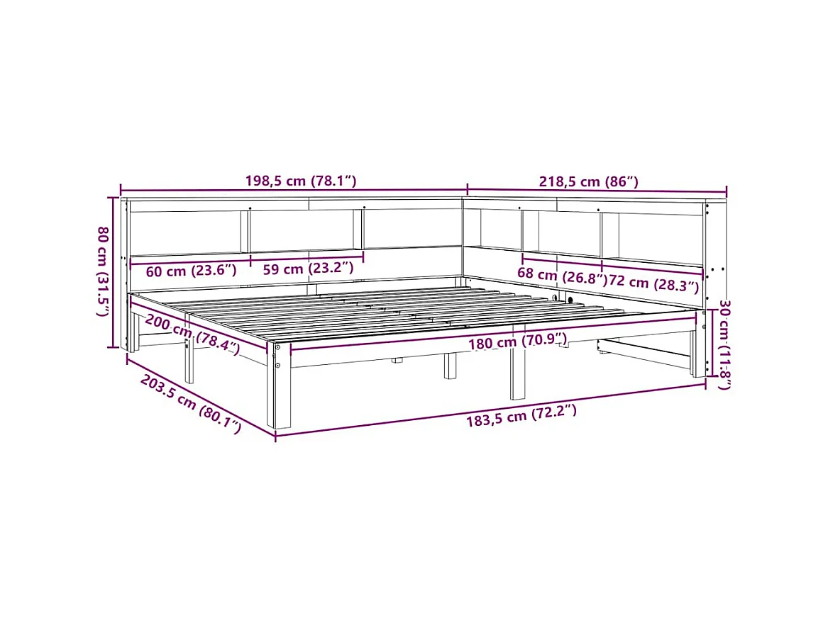 Lit bibliothèque sans matelas cire marron 180x200 cm pin massif