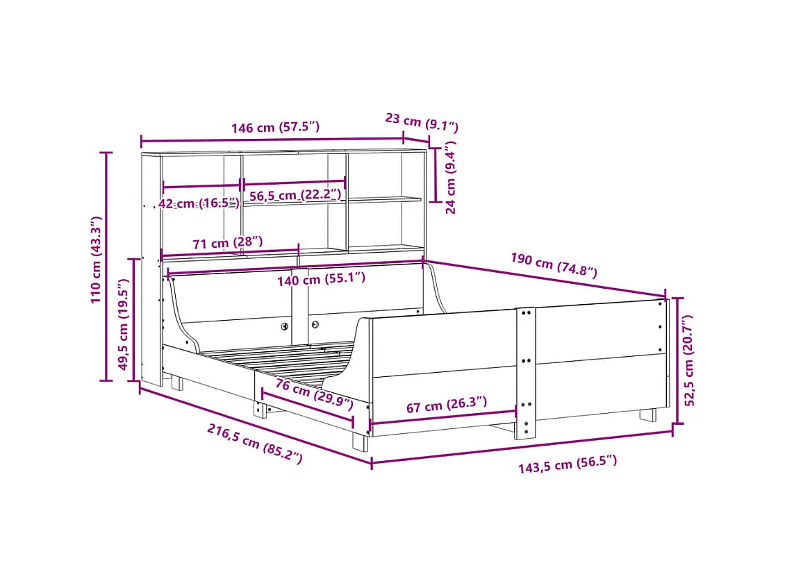 Lit bibliothèque sans matelas 140x190 cm bois massif