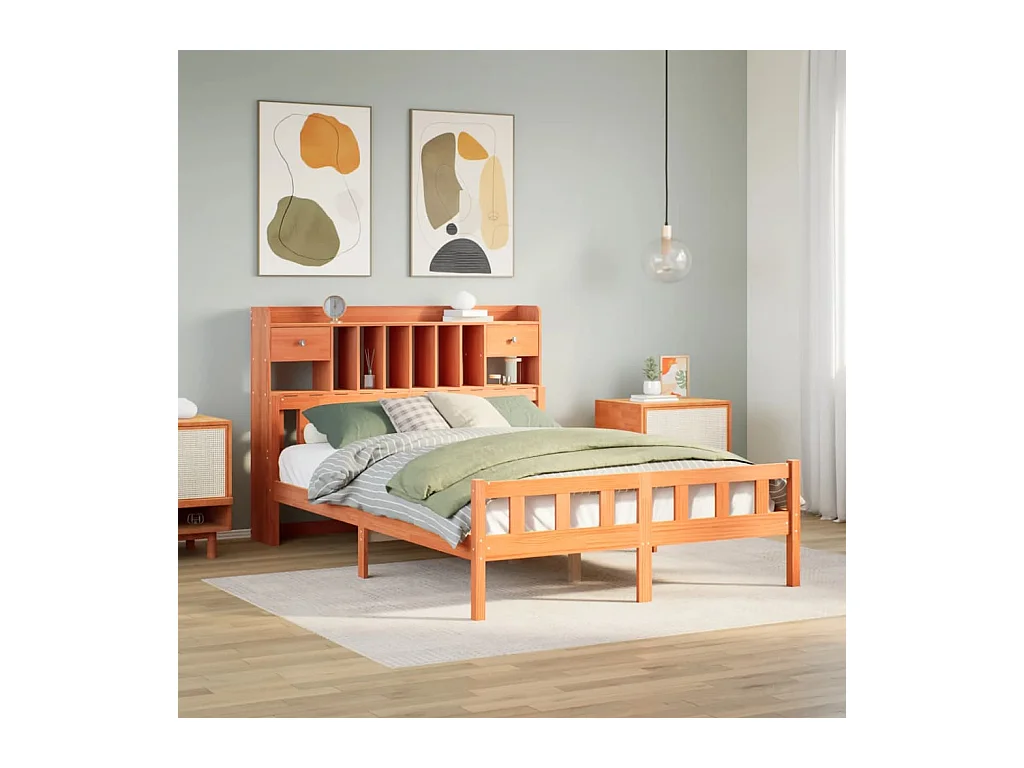 Lit bibliothèque sans matelas cire marron 160x200 cm pin massif