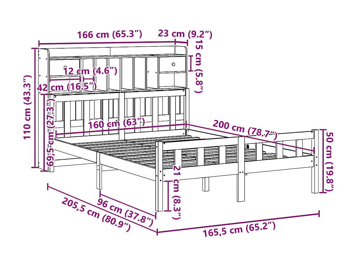 Massivholzbett mit Regal ohne Matratze Wachsbraun 160x200 cm