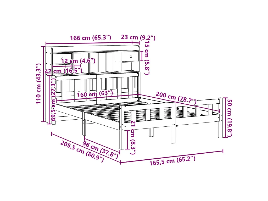 Massivholzbett mit Regal ohne Matratze Wachsbraun 160x200 cm