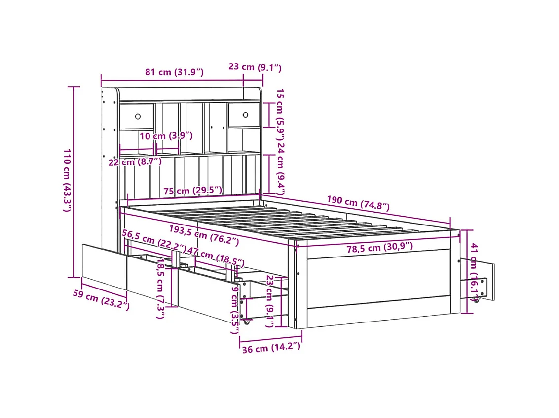 Lit bibliothèque sans matelas 75x190 cm bois de pin massif