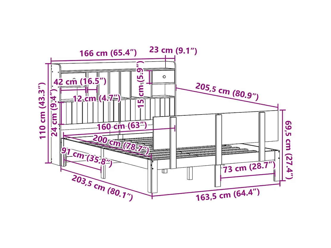 Lit bibliothèque sans matelas blanc 160x200 cm bois pin massif