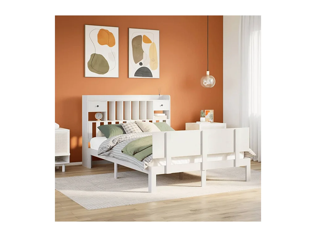 Lit bibliothèque sans matelas blanc 160x200 cm bois pin massif