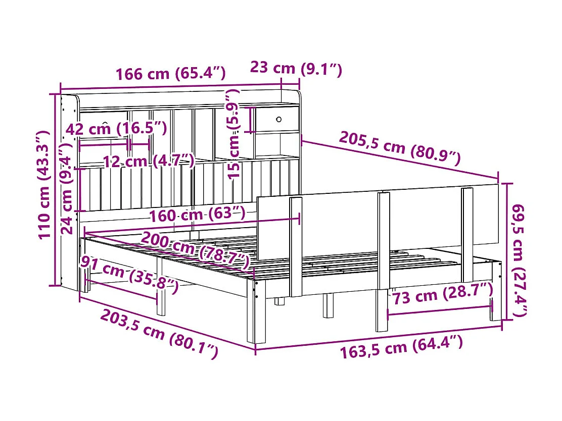 Lit bibliothèque sans matelas blanc 160x200 cm bois pin massif