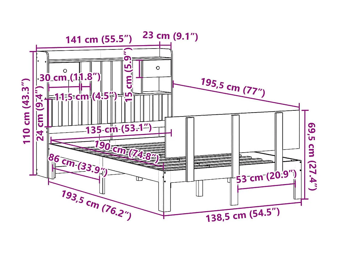 Cama com estante sem colchão 135x190 cm pinho maciço