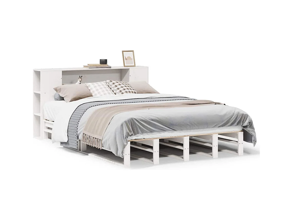 Bed met boekenkast zonder matras massief hout wit 150x200 cm