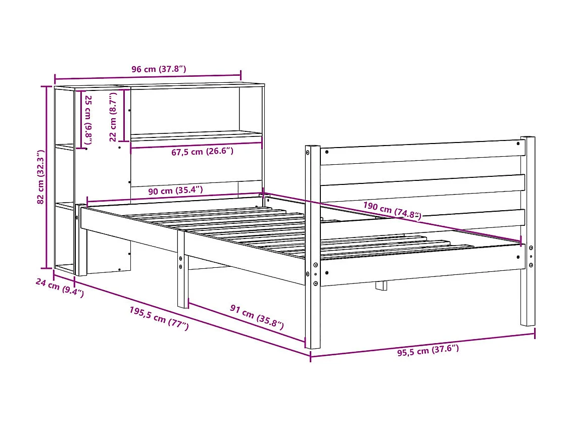 Letto Libreria senza Materasso Bianco 90x190 cm Massello Pino