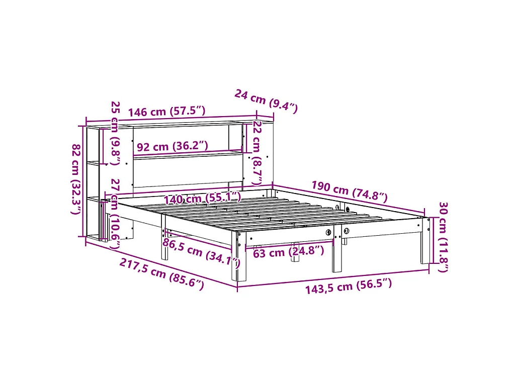 Lit bibliothèque sans matelas blanc 140x190 cm bois pin massif