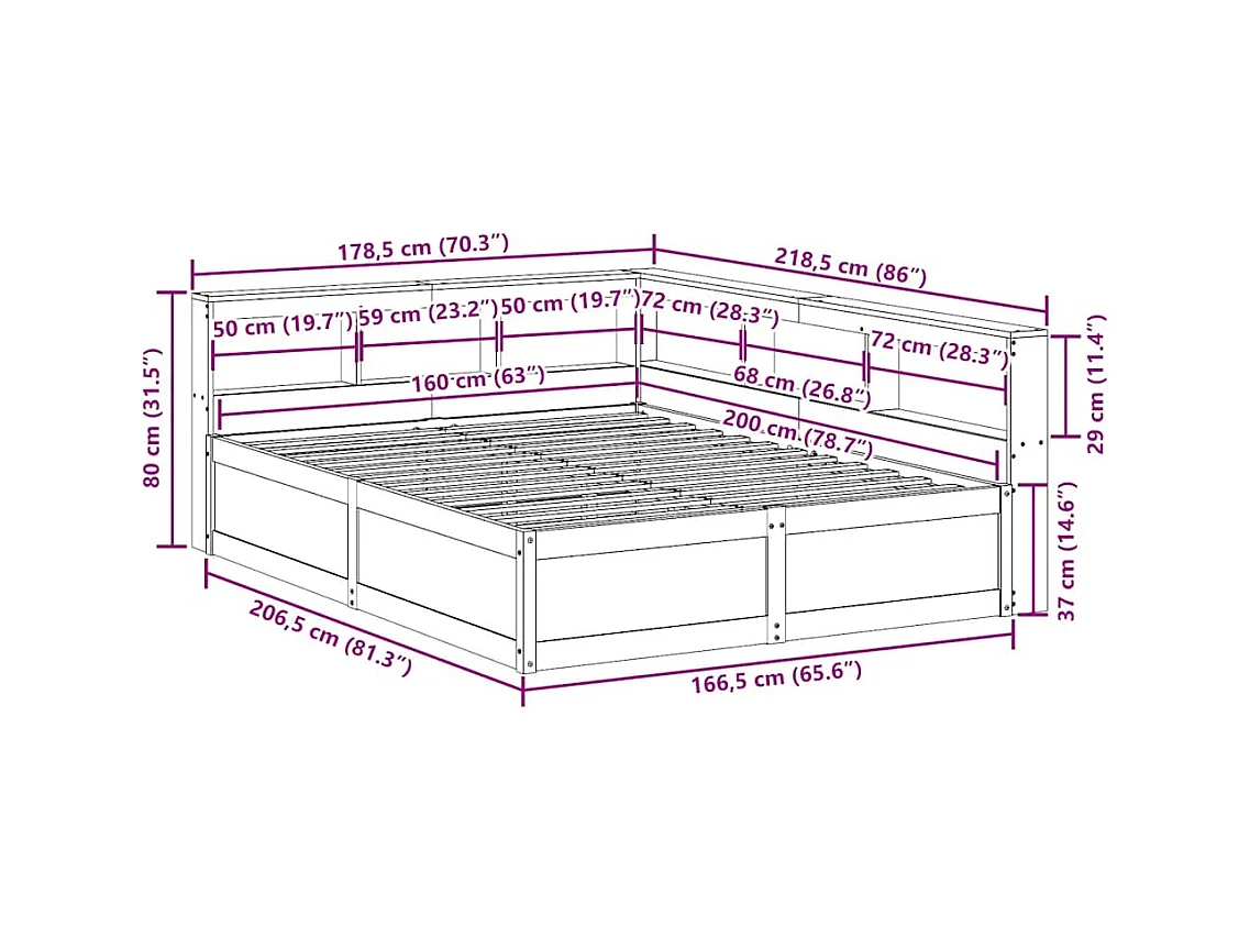 Lit bibliothèque sans matelas cire marron 160x200 cm pin massif
