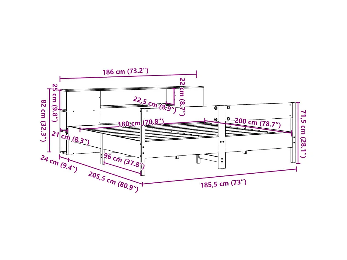 Cama com estante sem colchão 180x200 cm pinho maciço
