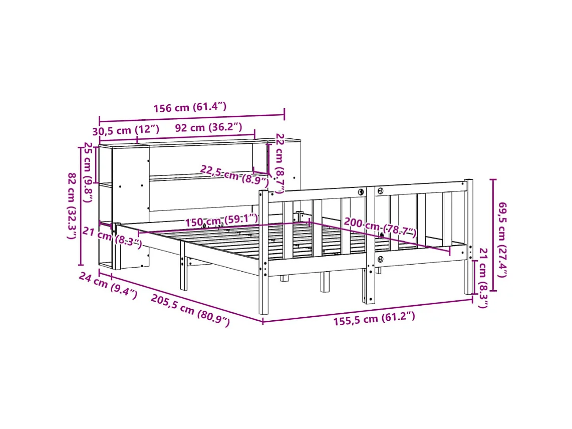 Massivholzbett mit Regal ohne Matratze 150x200 cm Kiefernholz