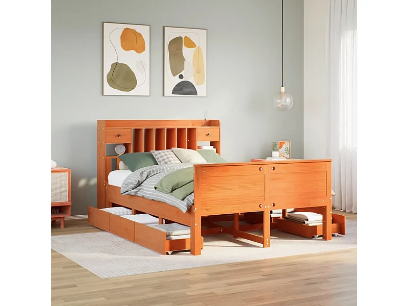 Cama con estantería sin colchón madera maciza marrón 150x200 cm