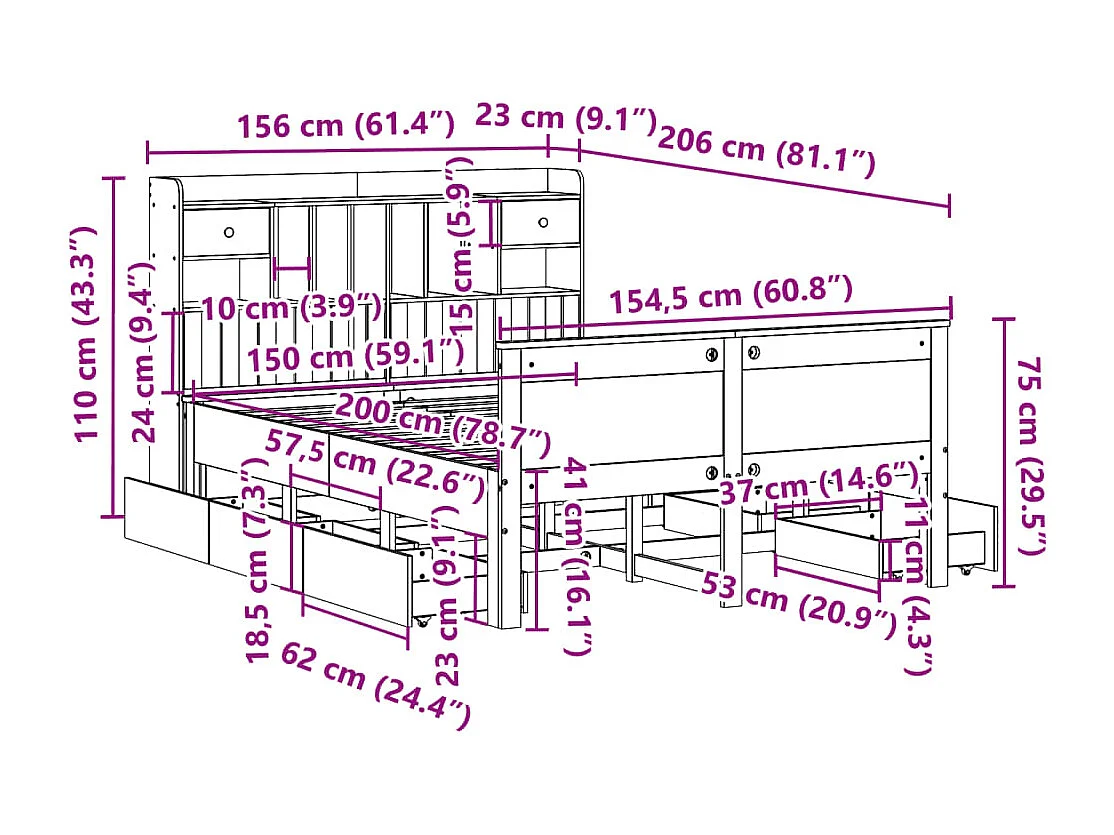 Bed met boekenkast zonder matras grenenhout wasbruin 150x200 cm