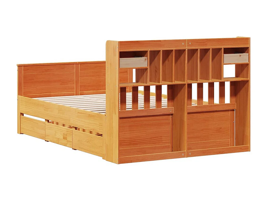 Bed met boekenkast zonder matras grenenhout wasbruin 150x200 cm
