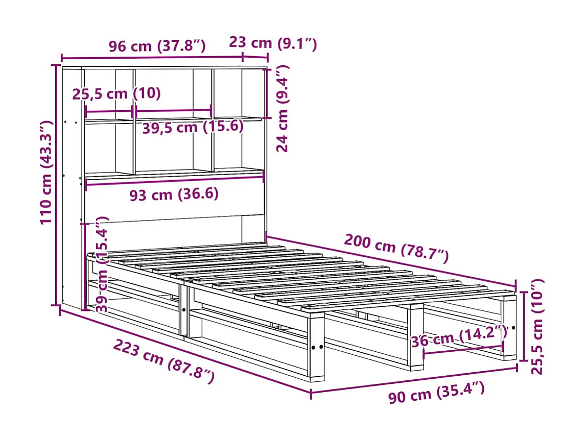 Letto Libreria senza Materasso 90x200 cm Legno Massello