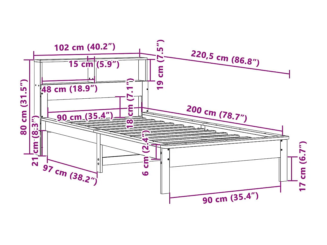 Lit bibliothèque sans matelas blanc 90x200cm bois de pin massif