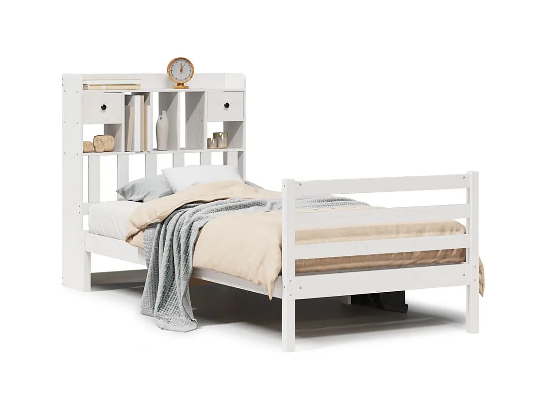 Lit bibliothèque sans matelas blanc 75x190cm bois de pin massif