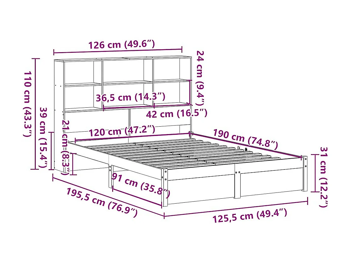 Cama com estante sem colchão 120x190 cm pinho maciço