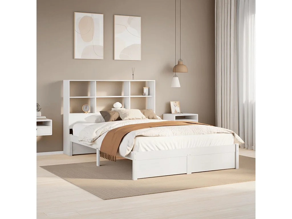 Cama con estantería sin colchón madera maciza blanca 140x200 cm