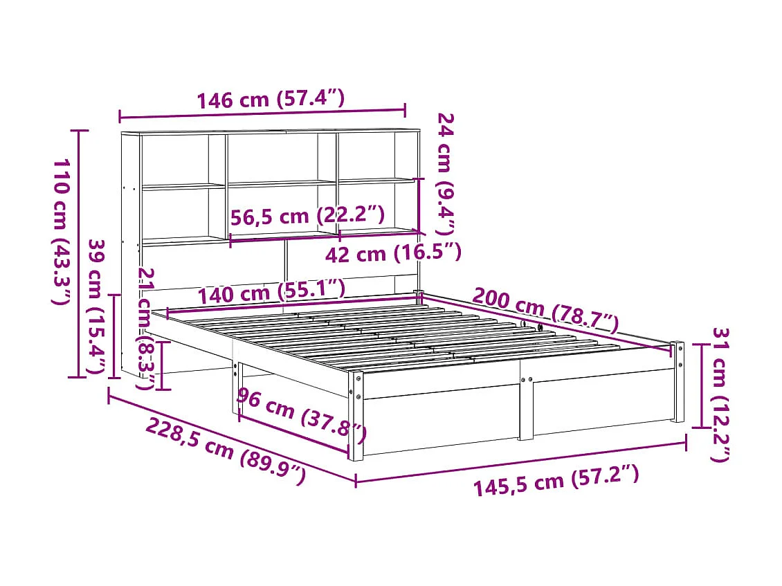 Cama con estantería sin colchón madera maciza blanca 140x200 cm