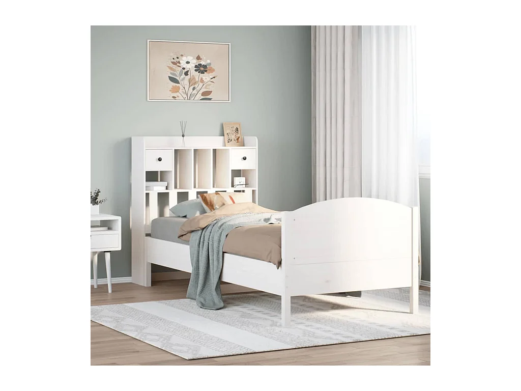 Lit bibliothèque sans matelas blanc 75x190cm bois de pin massif