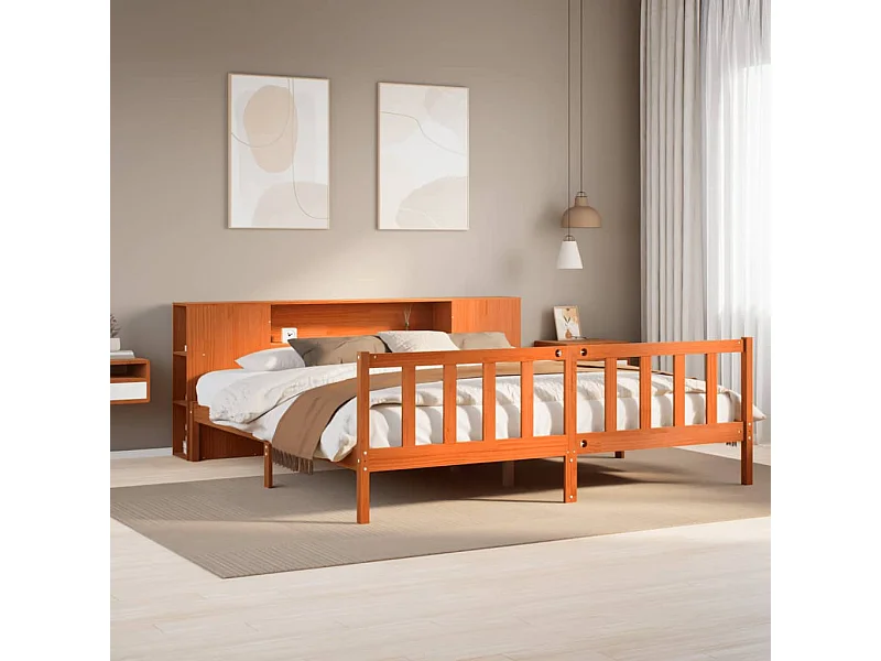 Massivholzbett mit Regal ohne Matratze Wachsbraun 180x200 cm