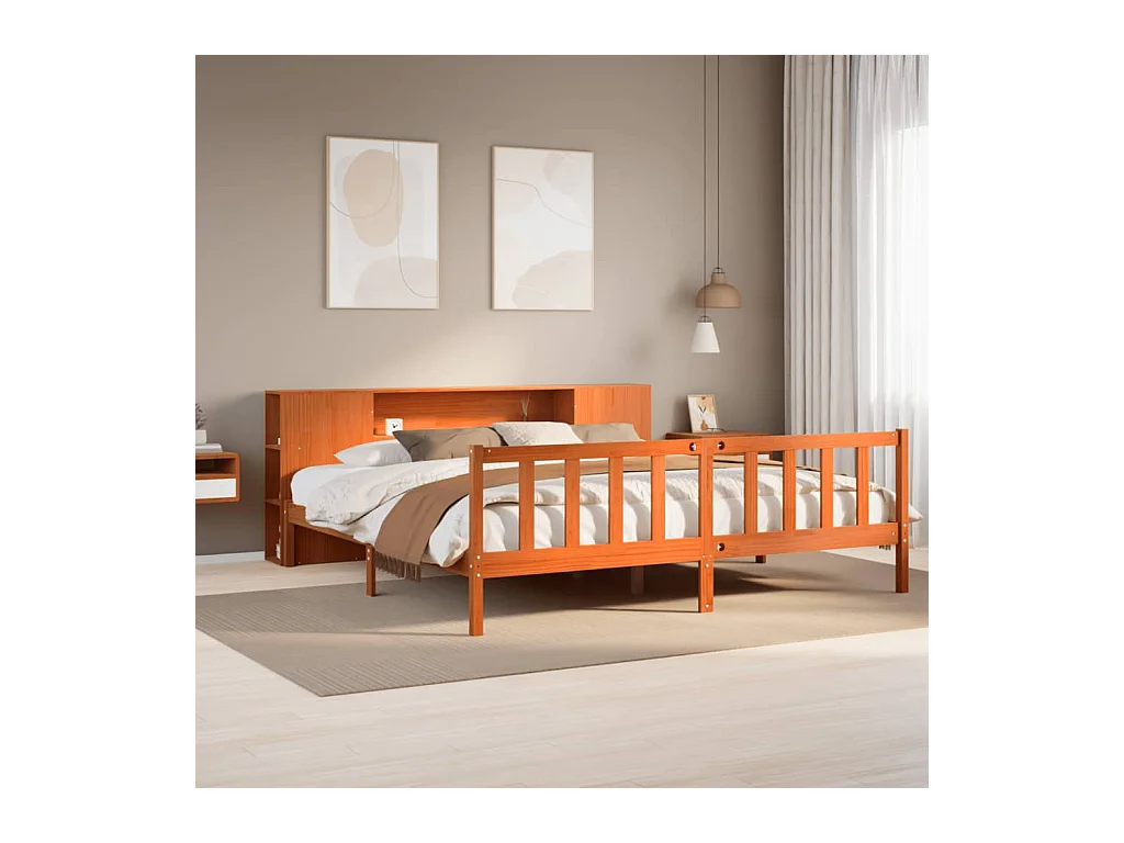 Massivholzbett mit Regal ohne Matratze Wachsbraun 180x200 cm