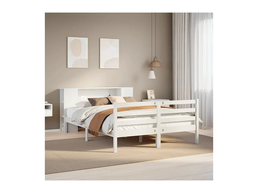 Cama con estantería sin colchón madera maciza blanca 150x200 cm