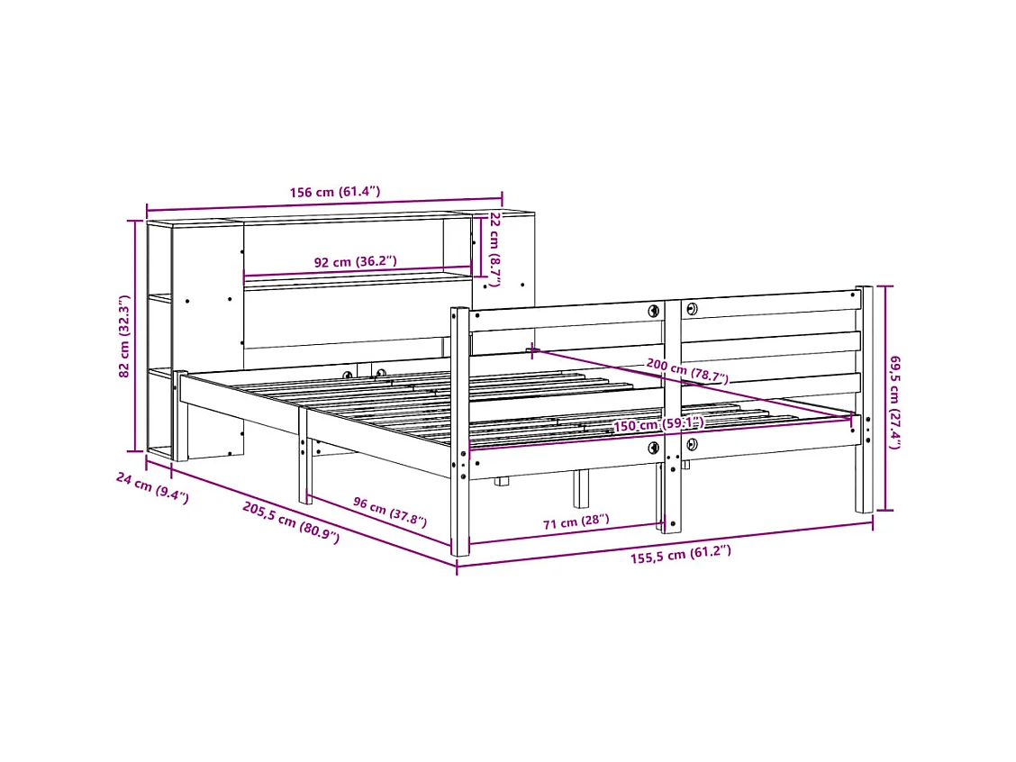 Cama con estantería sin colchón madera maciza blanca 150x200 cm