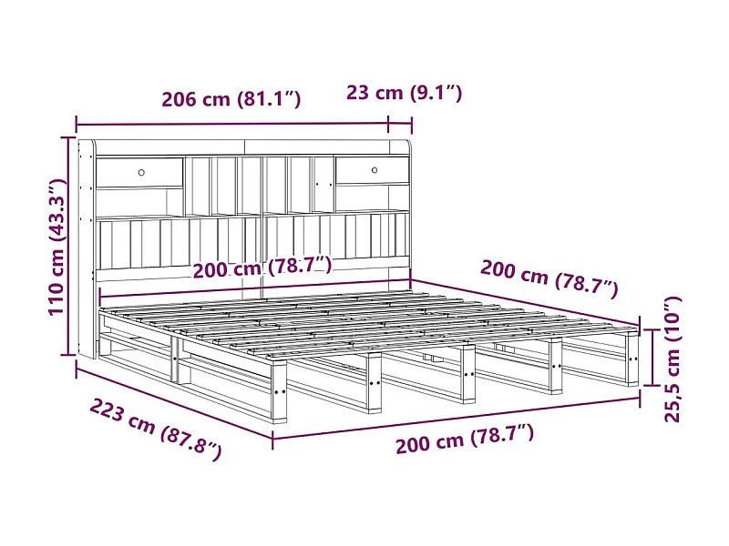 Massivholzbett mit Regal ohne Matratze Wachsbraun 200x200 cm