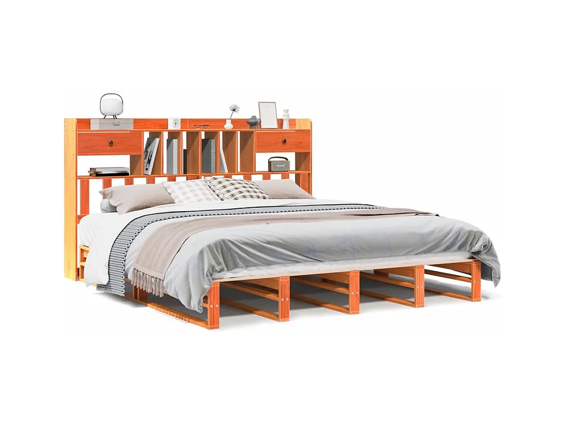 Lit bibliothèque sans matelas cire marron 200x200 cm pin massif