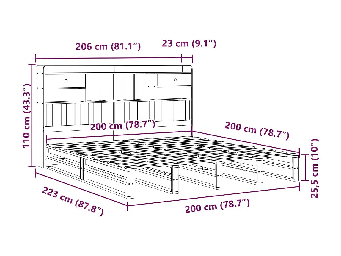 Letto Libreria senza Materasso Marrone Cera 200x200 cm in Pino