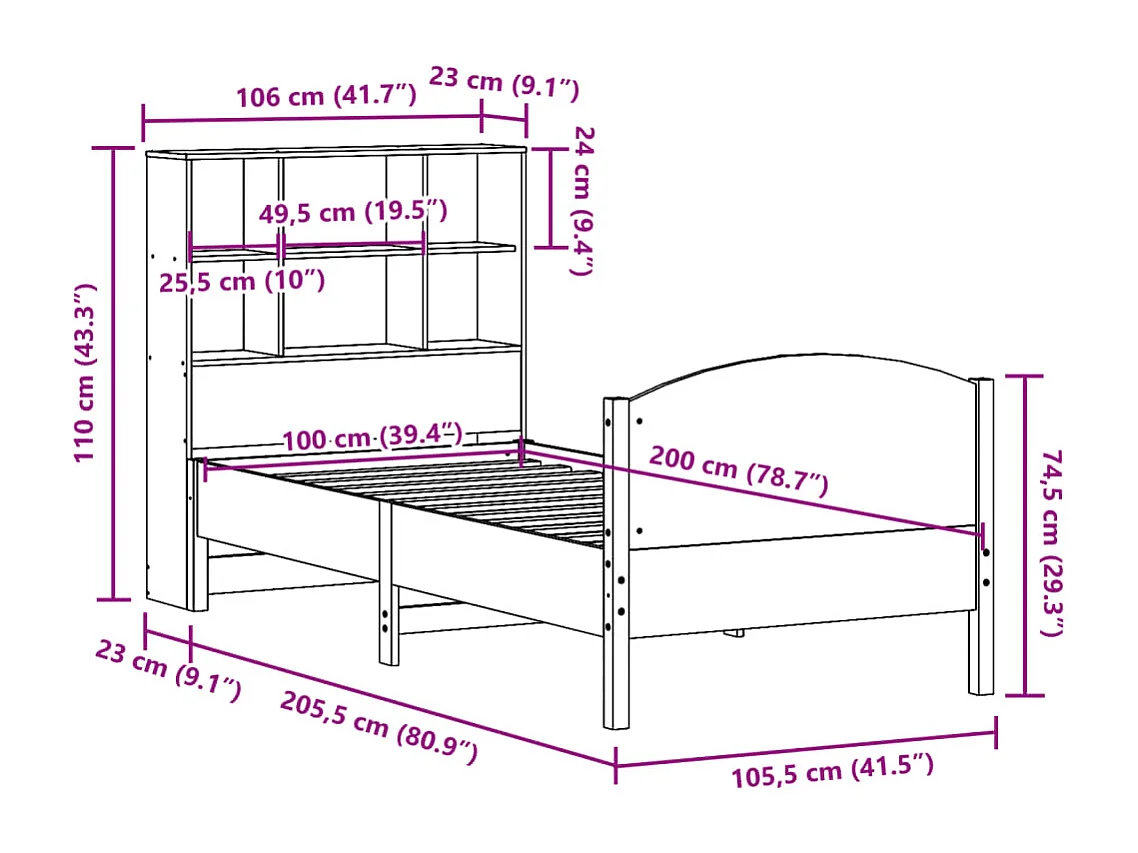 Bed met boekenkast zonder matras grenenhout wasbruin 100x200 cm