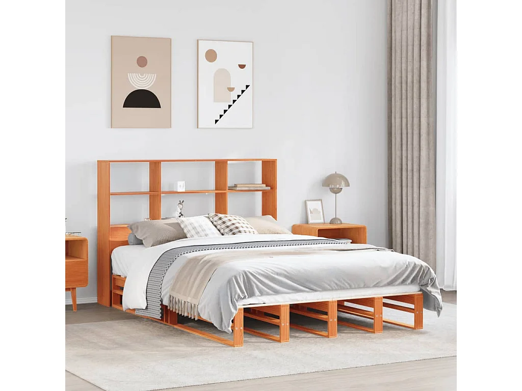 Lit bibliothèque sans matelas cire marron 150x200cm bois massif