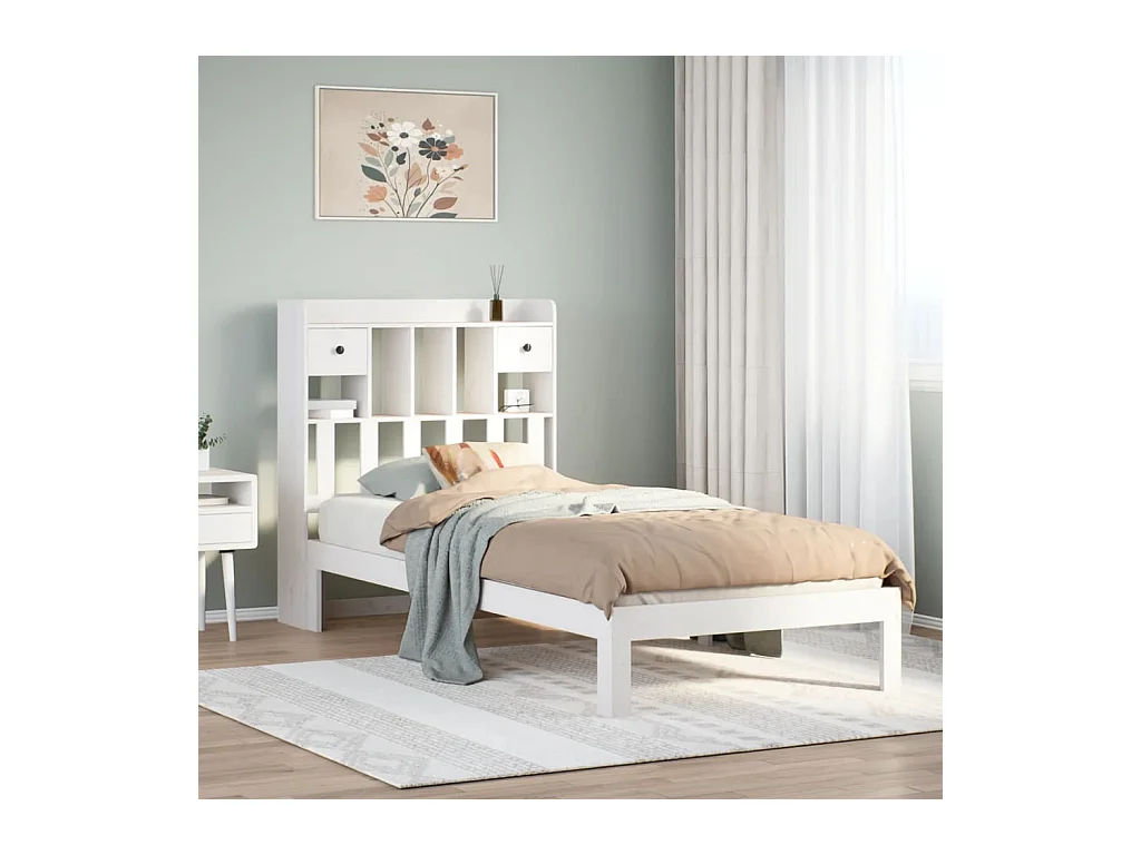 Lit bibliothèque sans matelas blanc 90x200cm bois de pin massif