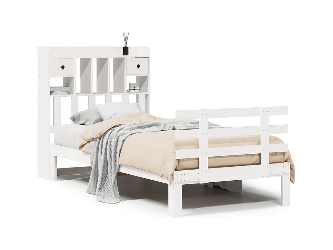 Lit bibliothèque sans matelas blanc 90x200cm bois de pin massif