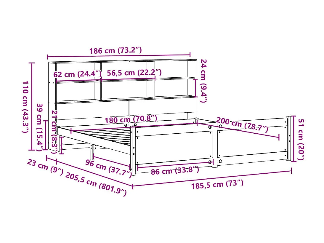 Cama com estante sem colchão 180x200 cm pinho maciço branco
