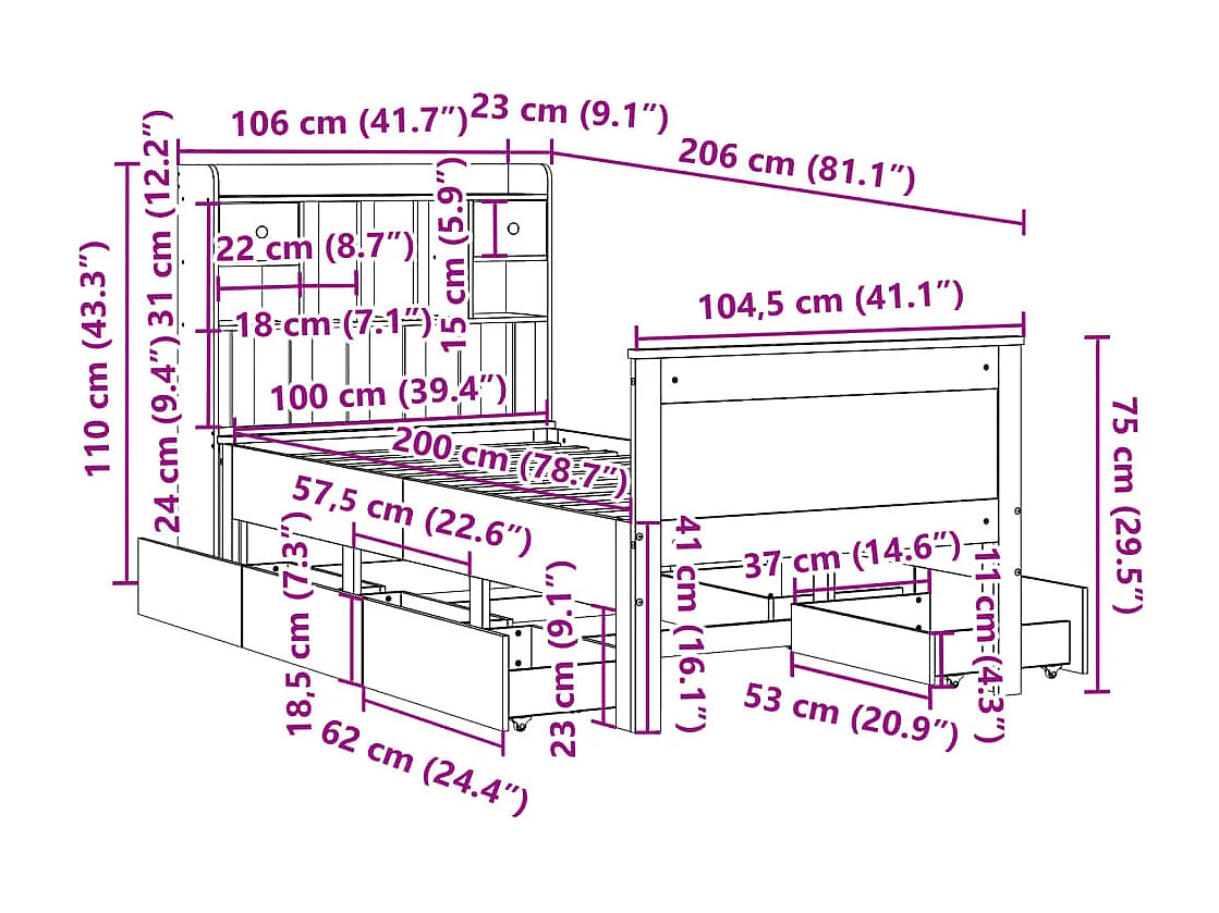 Lit bibliothèque sans matelas 100x200 cm bois massif de pin