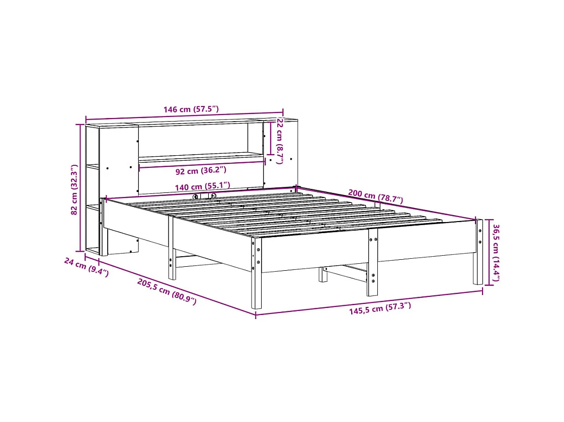 Lit bibliothèque sans matelas cire marron 140x200 cm pin massif
