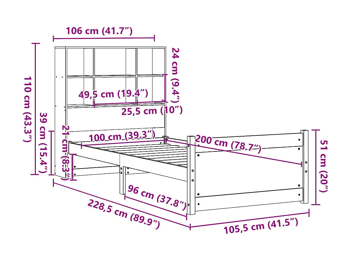 Massivholzbett mit Regal ohne Matratze 100x200 cm Kiefer