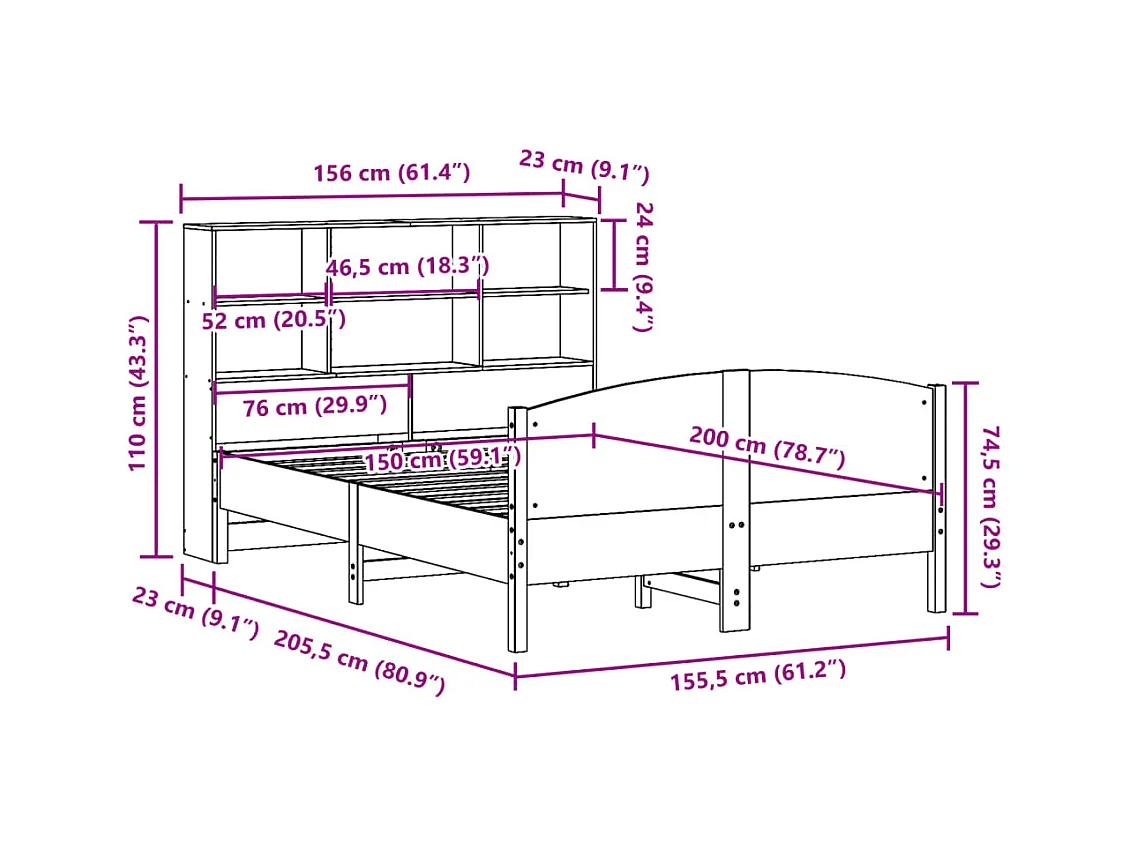 Lit bibliothèque sans matelas 150x200 cm bois massif de pin