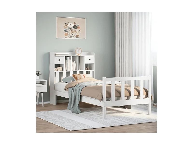 Lit bibliothèque sans matelas blanc 90x200cm bois de pin massif