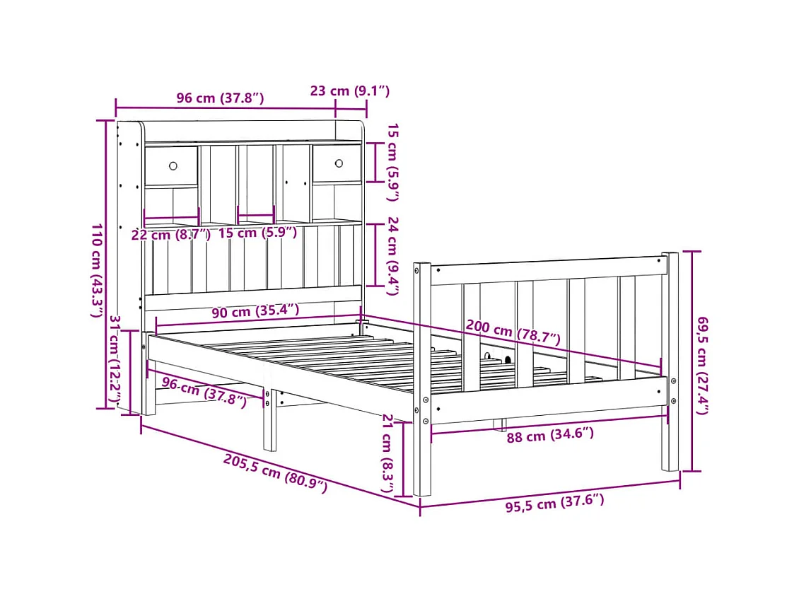 Lit bibliothèque sans matelas blanc 90x200cm bois de pin massif