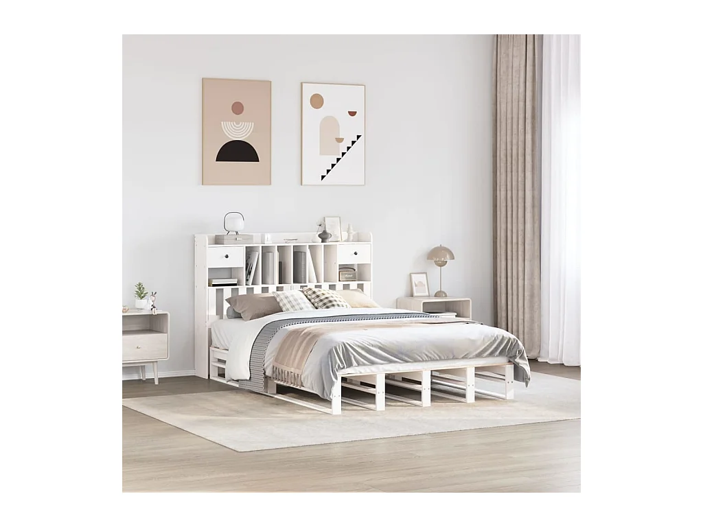Cama con estantería sin colchón madera maciza blanca 150x200 cm