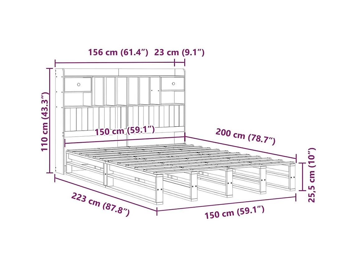 Cama con estantería sin colchón madera maciza blanca 150x200 cm