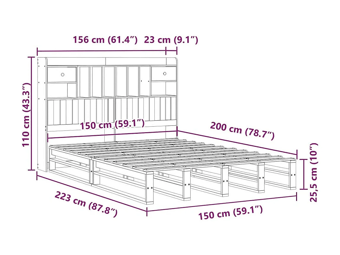 Lit bibliothèque sans matelas blanc 150x200 cm bois pin massif